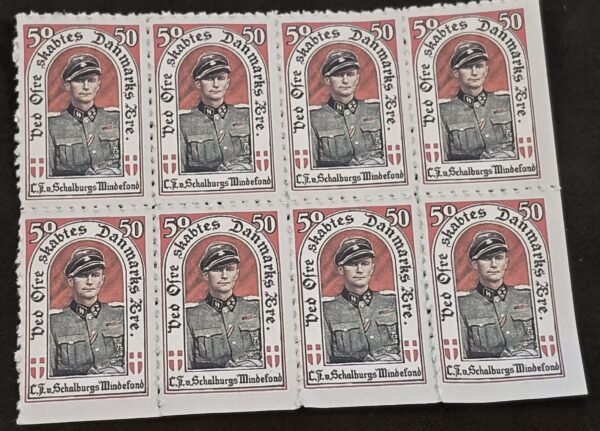 20250327_125408 DNSAP Denmark Nazi Party Danish Waffen-SS Schalburg Memorial Fund 50 Øre Stamp Labels – Block of 8