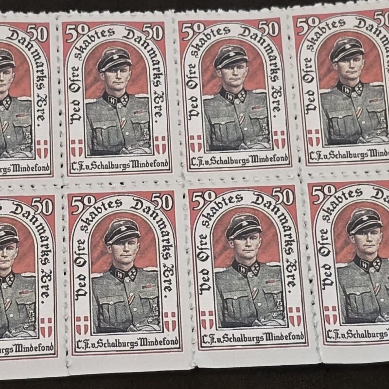 20250327_125408 DNSAP Denmark Nazi Party Danish Waffen-SS Schalburg Memorial Fund 50 Øre Stamp Labels – Block of 8
