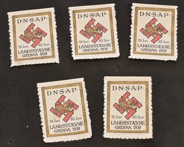 20250327_125839 DNSAP Denmark Nazi Party Grenaa 1937 Landsstævne – Swastika w Lion Stamp Set of 5 MNH Third Reich