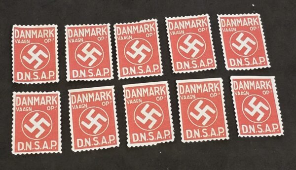 20250327_130612 DNSAP Denmark Nazi Party “Danmark Vaagn Op!” Red Labels Stamp Set of 10 MNH