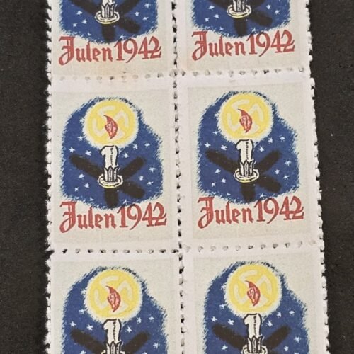 20250327_132457 DNSAP Denmark Nazi Party Danmark Julen 1942 Christmas Swastika Candles Propaganda Labels – Block of 6