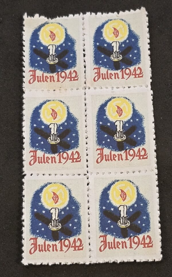 20250327_132457 DNSAP Denmark Nazi Party Danmark Julen 1942 Christmas Swastika Candles Propaganda Labels – Block of 6