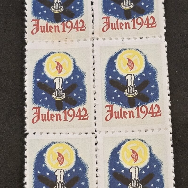 20250327_132457 DNSAP Denmark Nazi Party Danmark Julen 1942 Christmas Swastika Candles Propaganda Labels – Block of 6