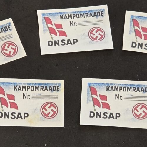 20250327_150654 DNSAP Denmark Nazi Party Kampomraade Swastika Labels – WWII Political Ephemera – Set of 5