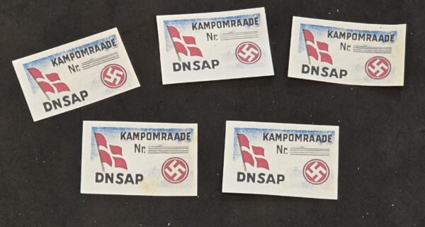 20250327_150654 DNSAP Denmark Nazi Party Kampomraade Swastika Labels – WWII Political Ephemera – Set of 5