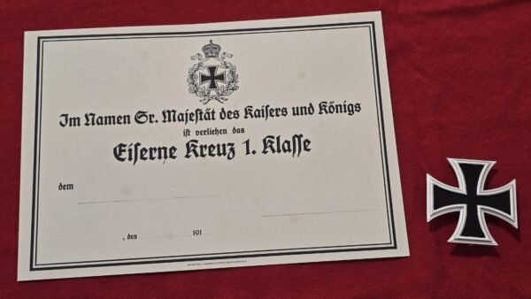 20260708_143629 WWI Imperial German Iron Cross 1st Class EK1 Blank Face High w Award Document