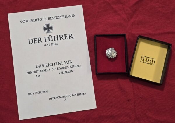 20260708_144638 WW2 German Oak Leaf Badge 800 Silver Steinhauer & Lück Lüdenscheid Pin w LDO Box & Award Document