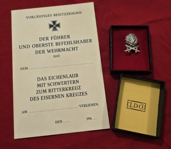 20260708_145002 WW2 German Oak Leaf Badge w swords 800 Silver Steinhauer & Lück Lüdenscheid Pin w LDO Box & Award Document