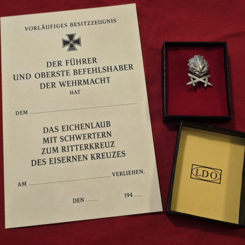20260708_145002 WW2 German Oak Leaf Badge w swords 800 Silver Steinhauer & Lück Lüdenscheid Pin w LDO Box & Award Document
