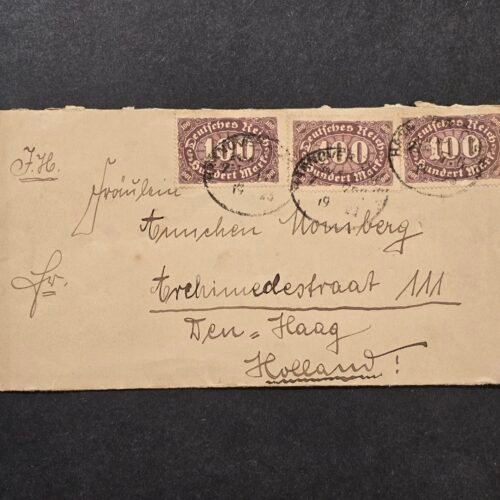 20260710_122507 Original German Inflation Era Cover – 3x 100 Mark Stamps – The Hague Holland
