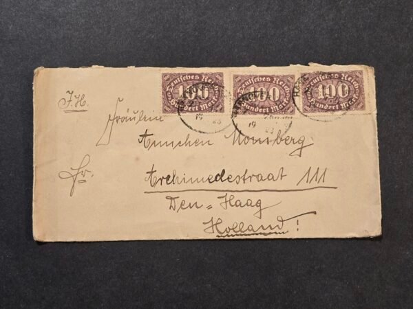 20260710_122507 Original German Inflation Era Cover – 3x 100 Mark Stamps – The Hague Holland