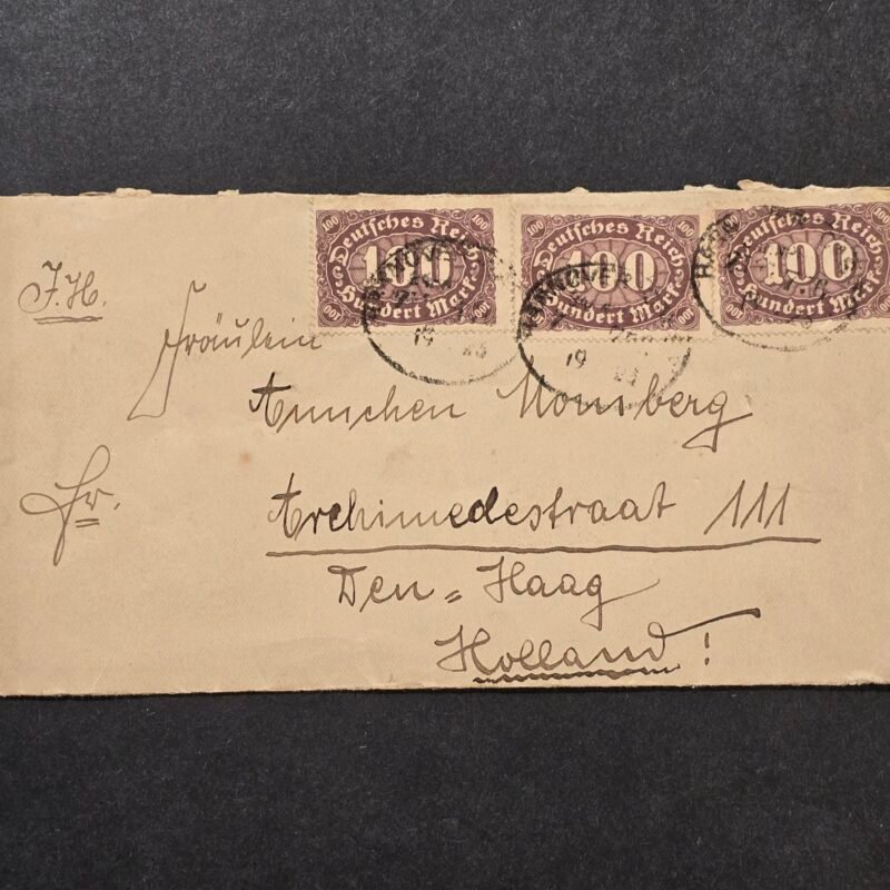 20260710_122507 Original German Inflation Era Cover – 3x 100 Mark Stamps – The Hague Holland