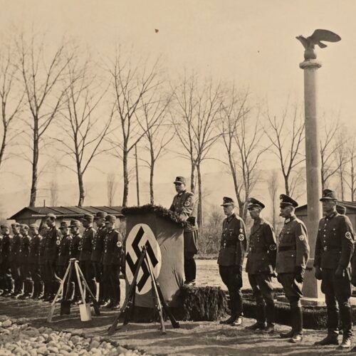 WW2 Nazi German RAD w Leader + Police Officer Photo w Swastika Flag Banner + Eagle Monument