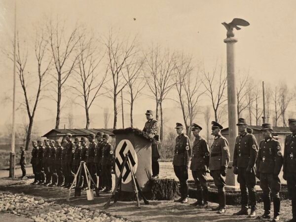 WW2 Nazi German RAD w Leader + Police Officer Photo w Swastika Flag Banner + Eagle Monument