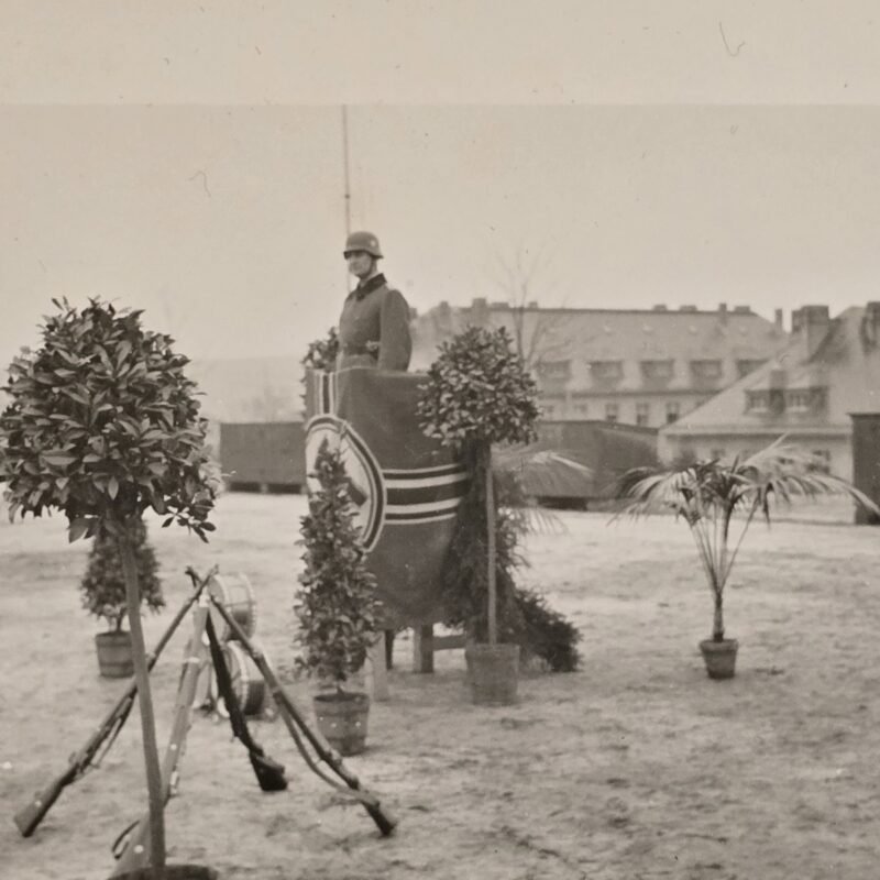 Original WW2 German Wehrmacht Ceremony Photo – Podium with Banner, Rifle Display & Military Drums
