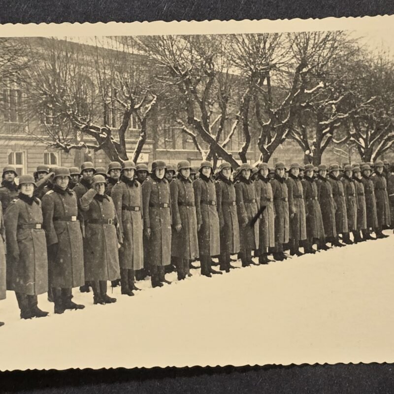 WWII German Wehrmacht Photo Postcard RPPC – German Soldiers in Winter Formation – Steel Helmets