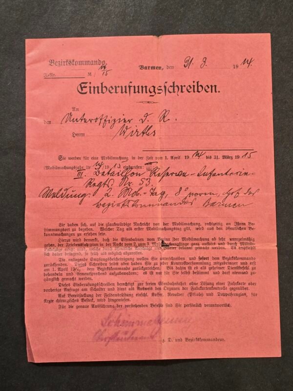 WWI German Officer Mobilization Call-Up Document 1914 Barmen Reserve Inf Regt 53