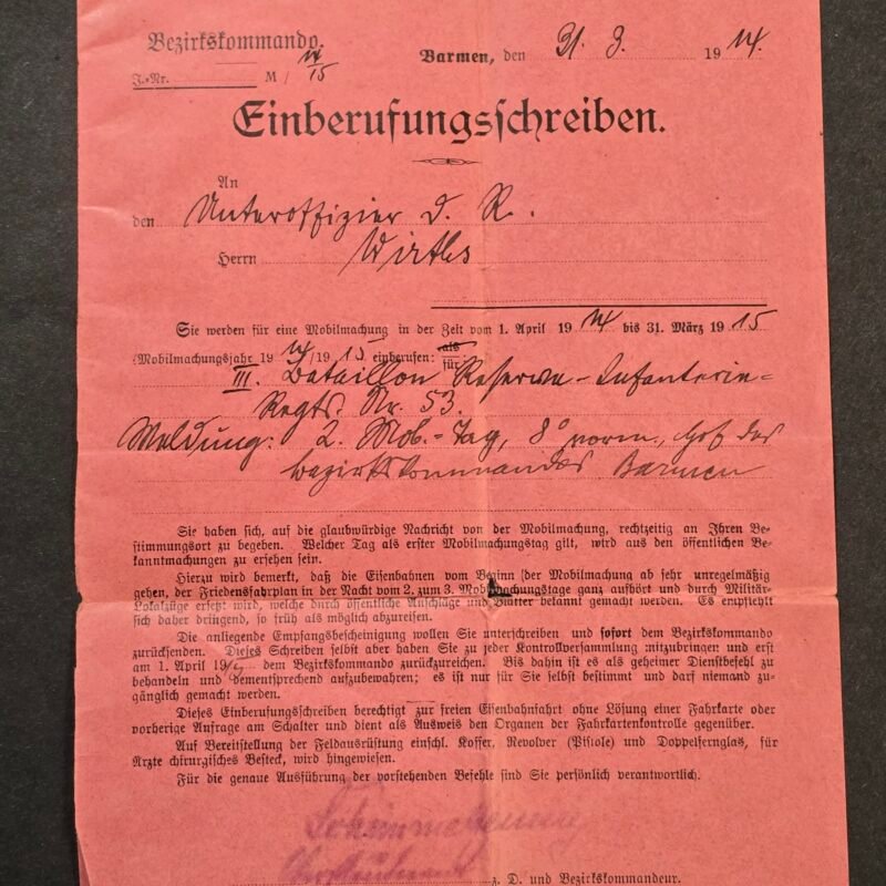 20260801_163512 WWI German Officer Mobilization Call-Up Document 1914 Barmen Reserve Inf Regt 53