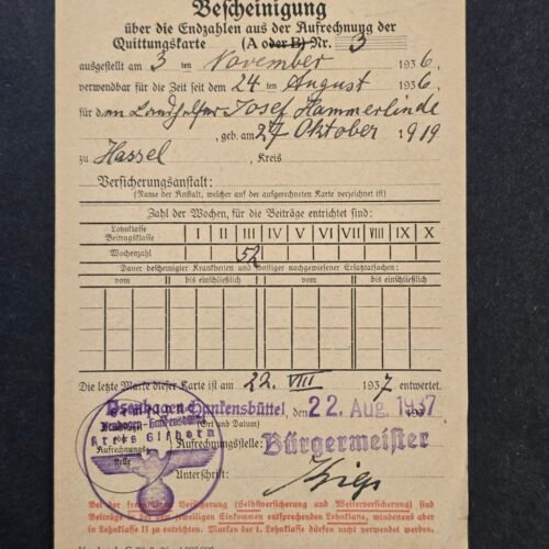 Third Reich 1936 Nazi German Social Insurance Certificate Krankenversicherung Labor Document