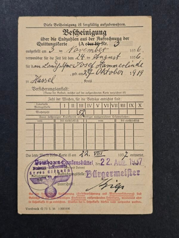 Third Reich 1936 Nazi German Social Insurance Certificate Krankenversicherung Labor Document