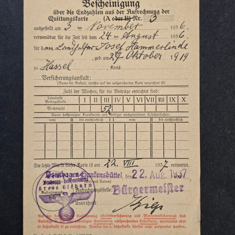 Third Reich 1936 Nazi German Social Insurance Certificate Krankenversicherung Labor Document