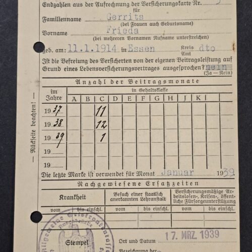 1939 Nazi German Third Reich Employee Insurance Card Certificate Frieda Gerrits Essen Labor Document