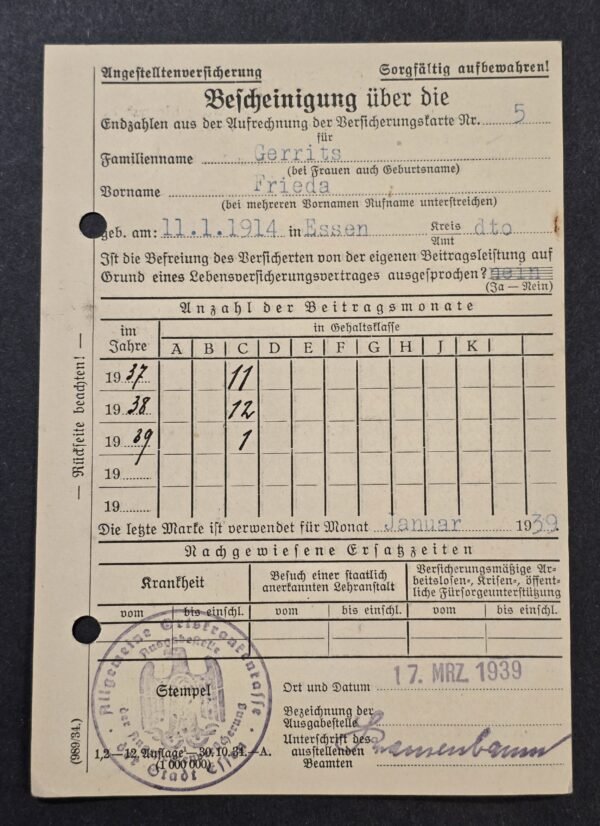 1939 Nazi German Third Reich Employee Insurance Card Certificate Frieda Gerrits Essen Labor Document