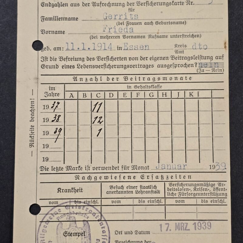 1939 Nazi German Third Reich Employee Insurance Card Certificate Frieda Gerrits Essen Labor Document