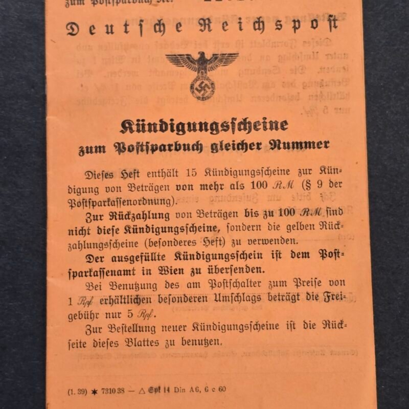 WWII Nazi German Third Reich Deutsche Reichspost Postsparbuch Booklet (Wien / Vienna)