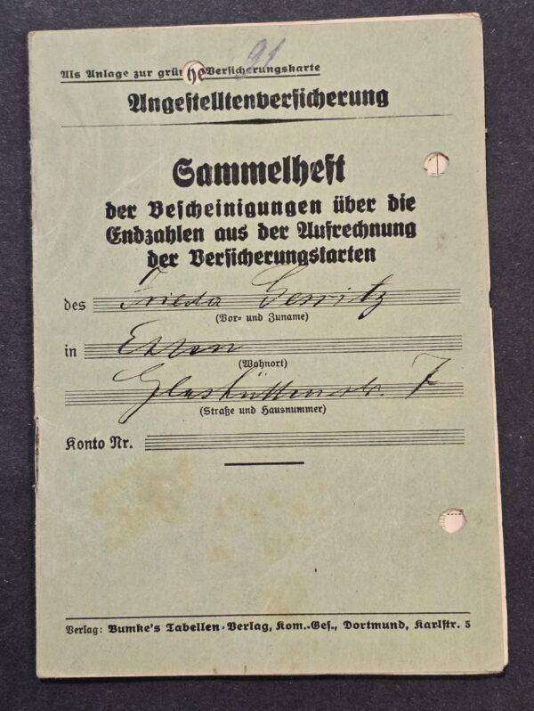 WW2 Nazi German Third Reich Workers Insurance Book Booklet w Stamps
