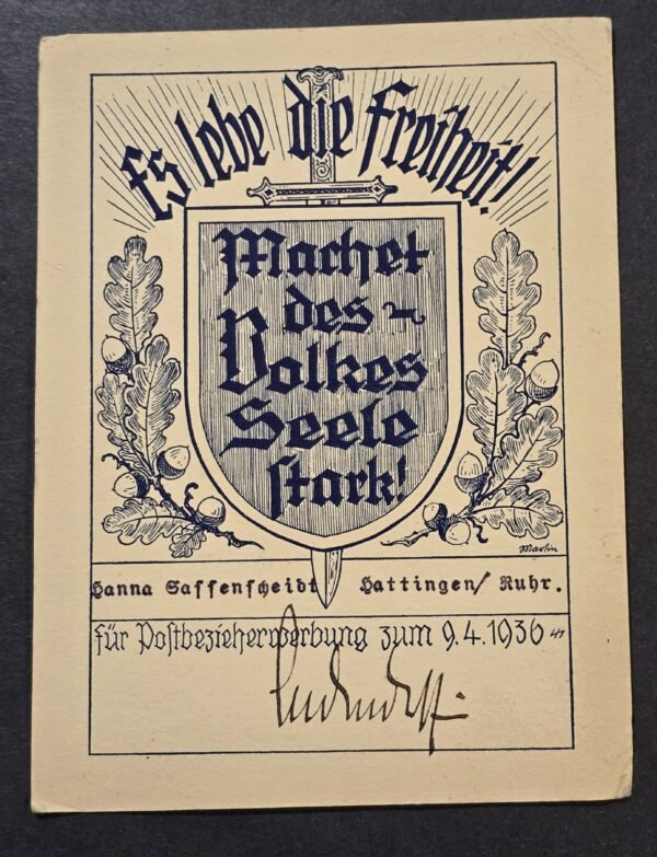 20260802_172828 WW2 Nazi German Third Reich 1936 German Mach des Volkes Seele Stark Award Certificate Document