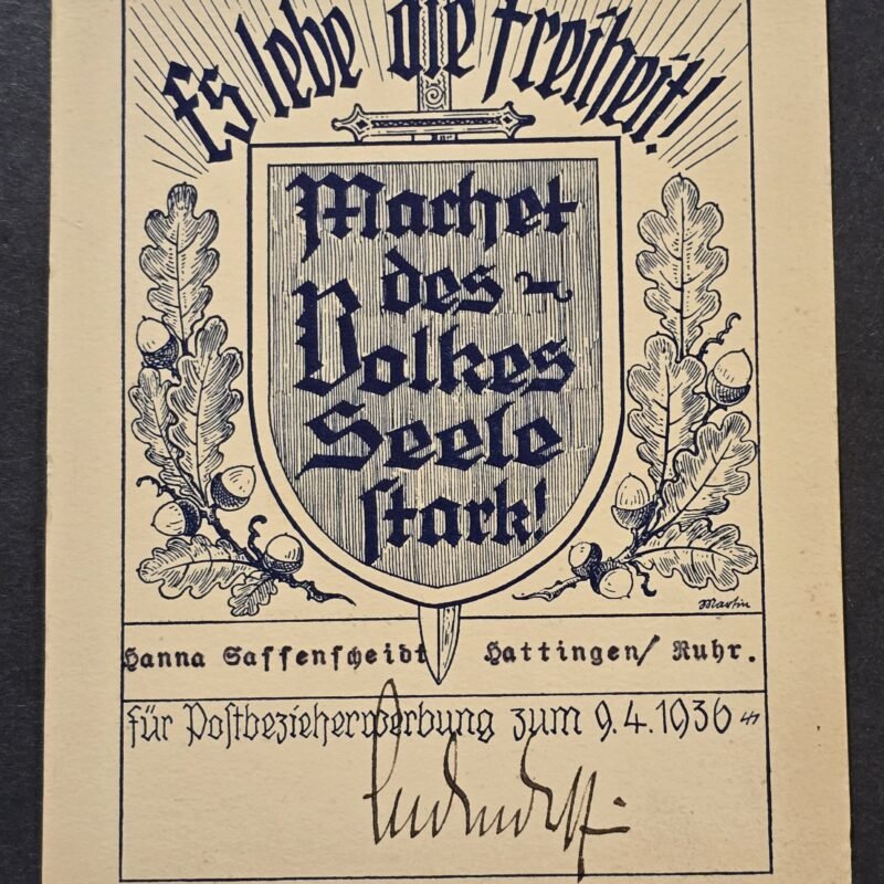 20260802_172828 WW2 Nazi German Third Reich 1936 German Mach des Volkes Seele Stark Award Certificate Document