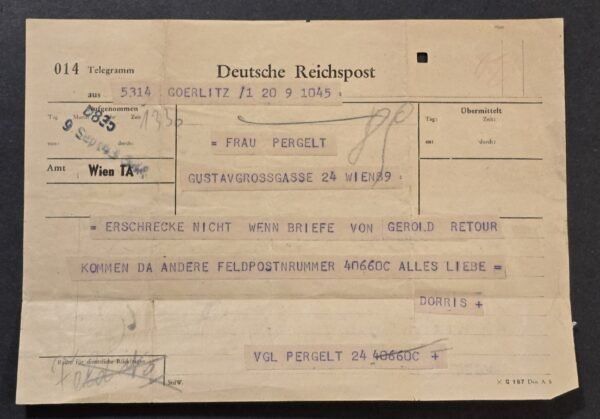 WW2 German Wehrmacht Anti-Aircraft 1943 Third Reich Telegramm Soldiers Feldpost # Change