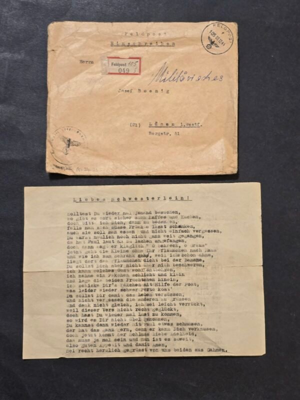 WW2 Nazi German Feldpost Letter & Cover Soldier to Sister w Funny Botched Poem