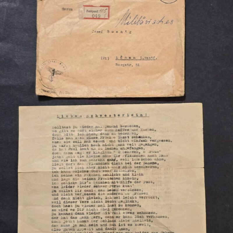 WW2 Nazi German Feldpost Letter & Cover Soldier to Sister w Funny Botched Poem