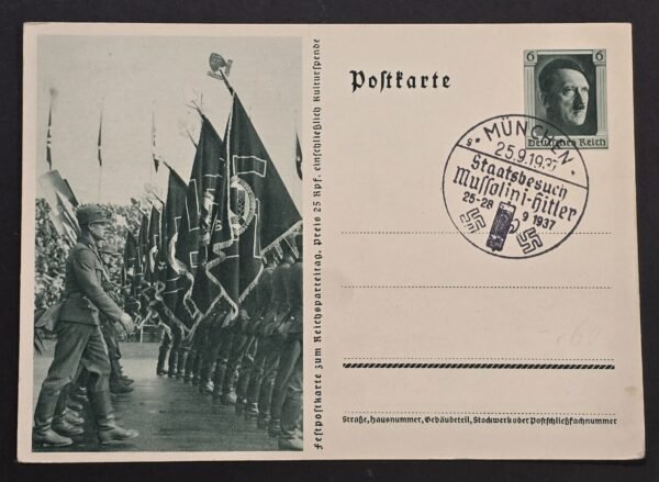 20260806_155117 1937 Nazi German Mussolini Hitler State Visit Munich Special Cancel Third Reich Postcard
