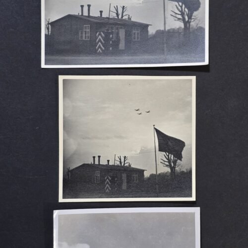20260806_155938 Rare Original WWII German Luftwaffe Photo Lot – Aircraft Formation Over Barracks & Battle Flag