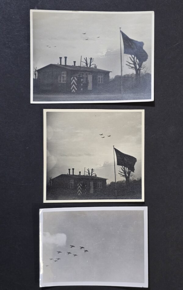 20260806_155938 Rare Original WWII German Luftwaffe Photo Lot – Aircraft Formation Over Barracks & Battle Flag