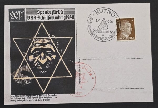 20260806_160119 WWII German VDA 1940 Anti-Jewish Antisemitic Anti Semitic Propaganda Postcard w Hitler Stamp