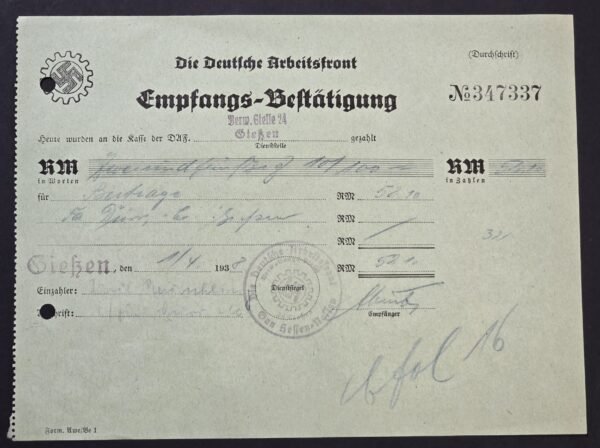 Original 1938 Nazi German DAF Deutsche Arbeitsfront Receipt Third Reich Swastika Stamped Document