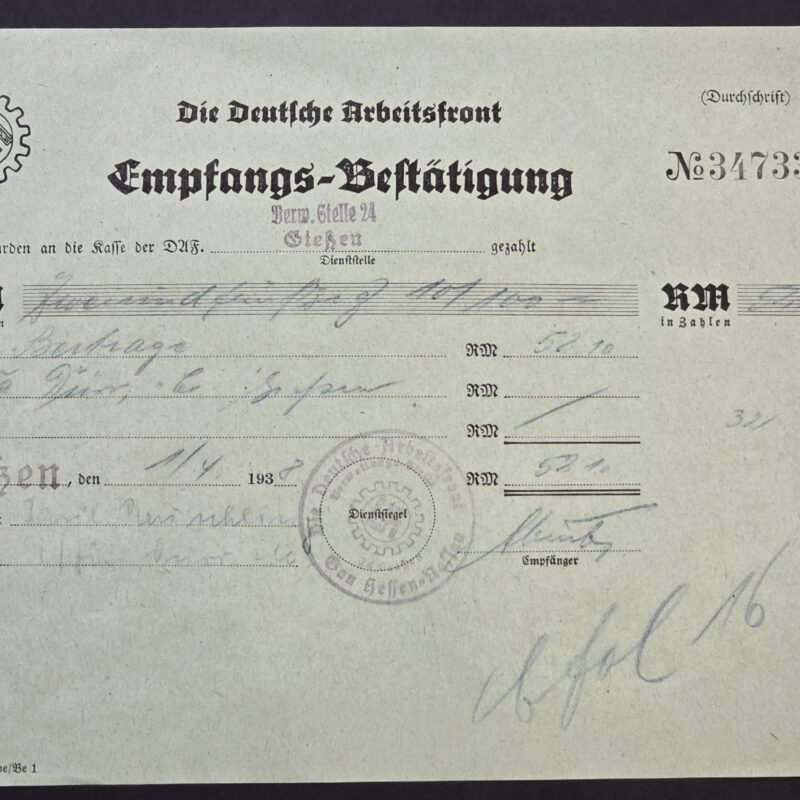 20260806_161324 Original 1938 Nazi German DAF Deutsche Arbeitsfront Receipt Third Reich Swastika Stamped Document