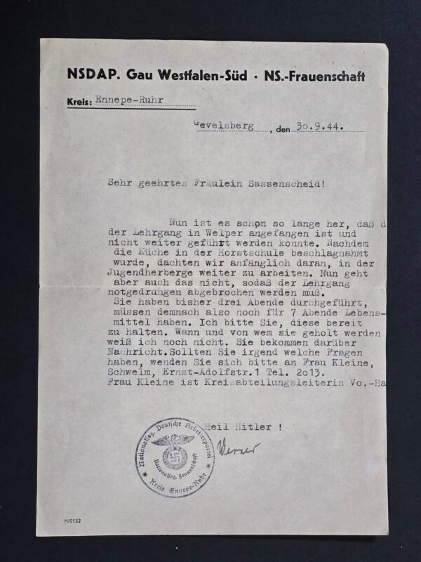20260806_161350 WW2 Nazi German Third Reich Womens Org. 1944 NSDAP NS-Frauenschaft Letter Document HEIL HITLER!