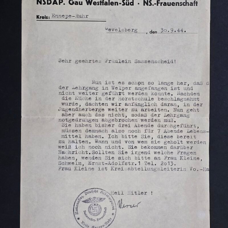 20260806_161350 WW2 Nazi German Third Reich Womens Org. 1944 NSDAP NS-Frauenschaft Letter Document HEIL HITLER!