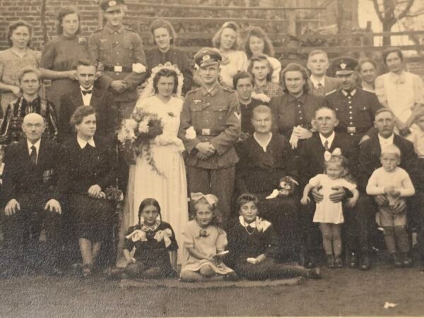 20260807_162416 WW2 German Wehrmacht Soldiers Wedding photo Postcard Bride & Groom w Police Officer