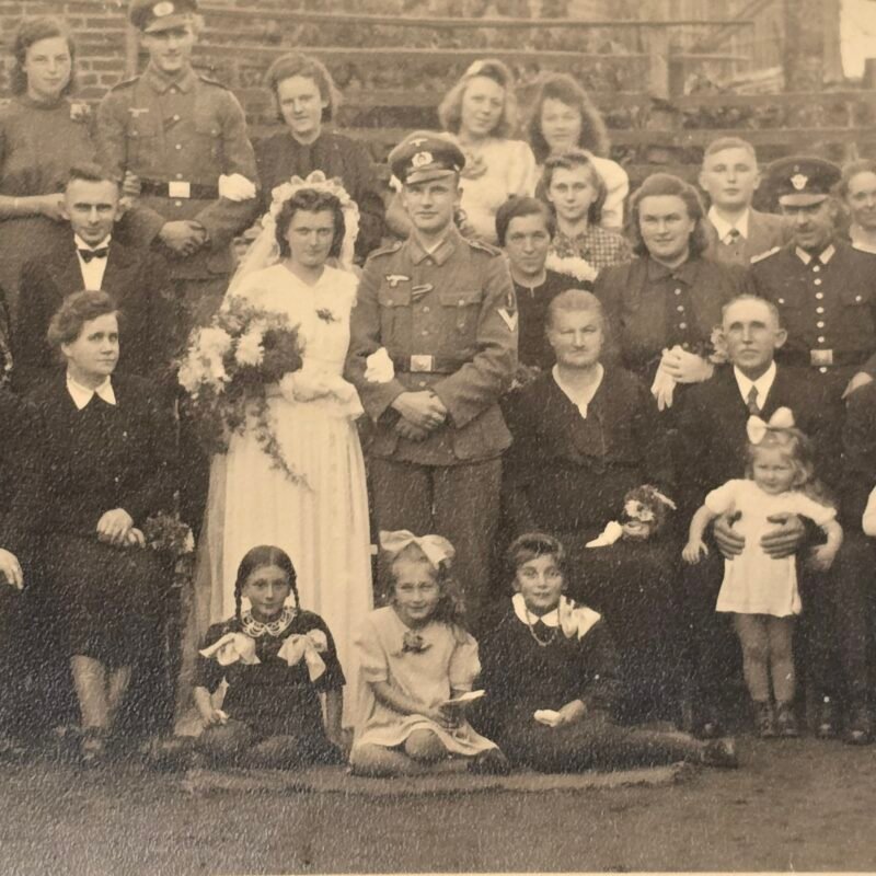 20260807_162416 WW2 German Wehrmacht Soldiers Wedding photo Postcard Bride & Groom w Police Officer