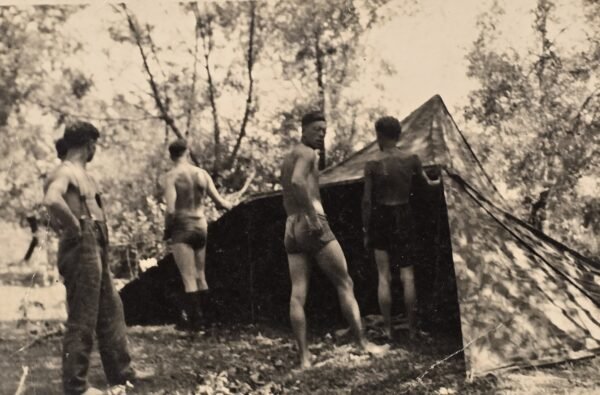 20260807_162452 SEXY MAN! Half Nude Wehrmacht soldiers Field Camp w Camo Tent WW2 German Military Photo