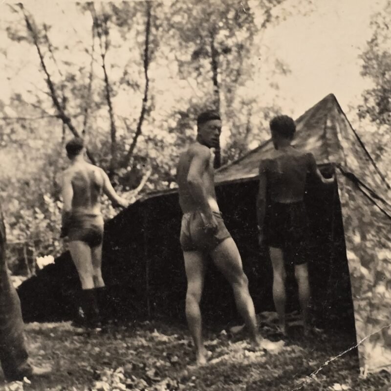 20260807_162452 SEXY MAN! Half Nude Wehrmacht soldiers Field Camp w Camo Tent WW2 German Military Photo