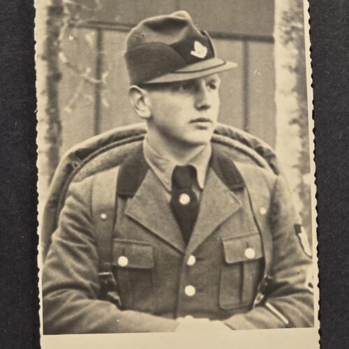 20260807_162508 WWII German RAD Labor Service Soldier w Robin Hood Cap + Swastika Armband Portrait Photo Postcard