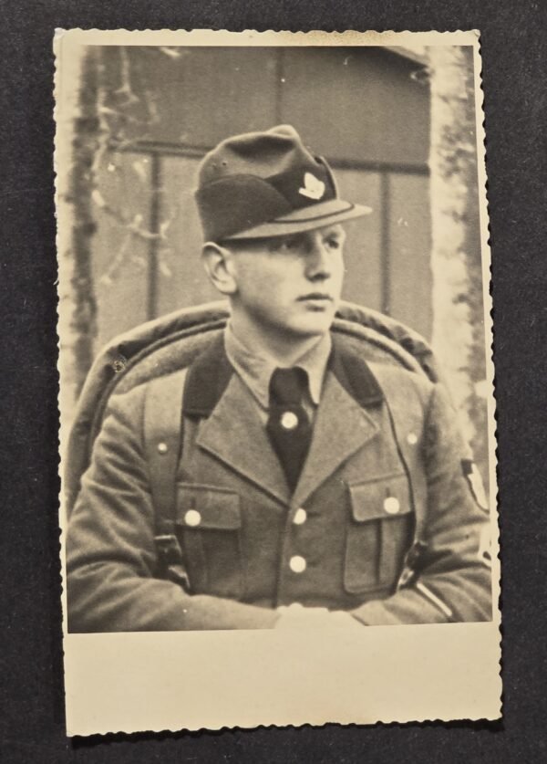 20260807_162508 WWII German RAD Labor Service Soldier w Robin Hood Cap + Swastika Armband Portrait Photo Postcard