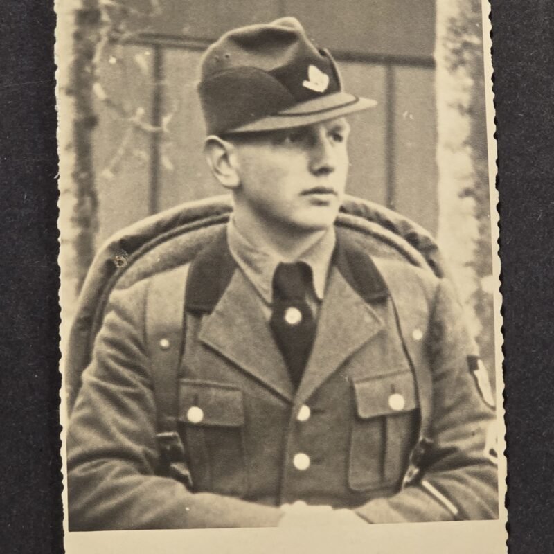 20260807_162508 WWII German RAD Labor Service Soldier w Robin Hood Cap + Swastika Armband Portrait Photo Postcard